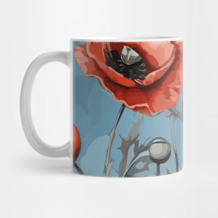 Peachy Red and Ash Poppies Floral Pattern on Dusty Sky Blue Mug